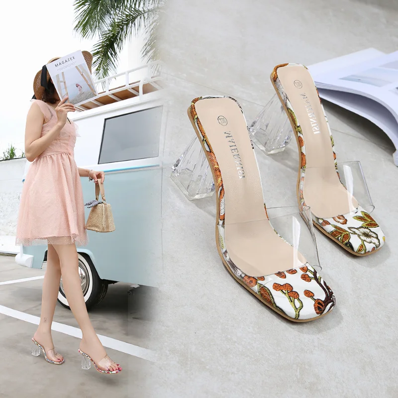 

Women High Heels Thick Plus Size Fashion Transparent Slingback Elegant Round Chunky Heel