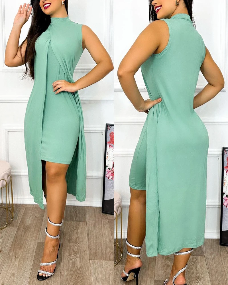 

2023 Women Slit Asymmetrical Sleeveless Casual Dress Elegant Sleeveless Sexy Bodycon Midi Dress Workwear High Neck Party Dress