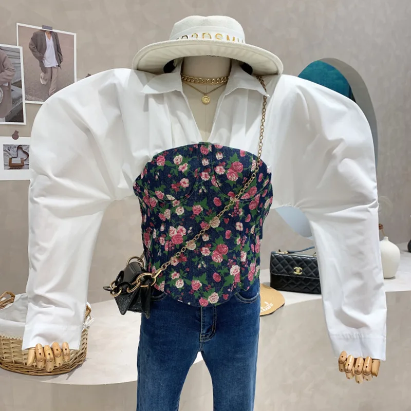 

New Women's Clothing 2022 Spring Vintage design flower denim stitched long sleeved shirt fake two-piece top blusa feminina