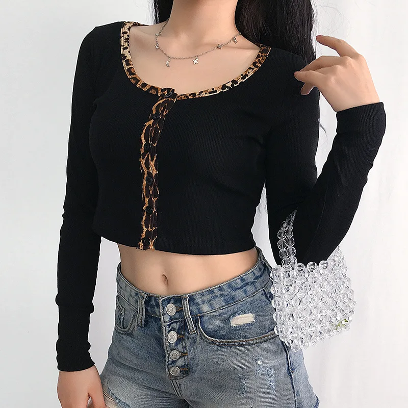 

2021 Women Casual Patchwork Leopard Basic T-shirt Tops Femme Korean All-Match Long Sleeve Cropped Tee New High Street T-shirt