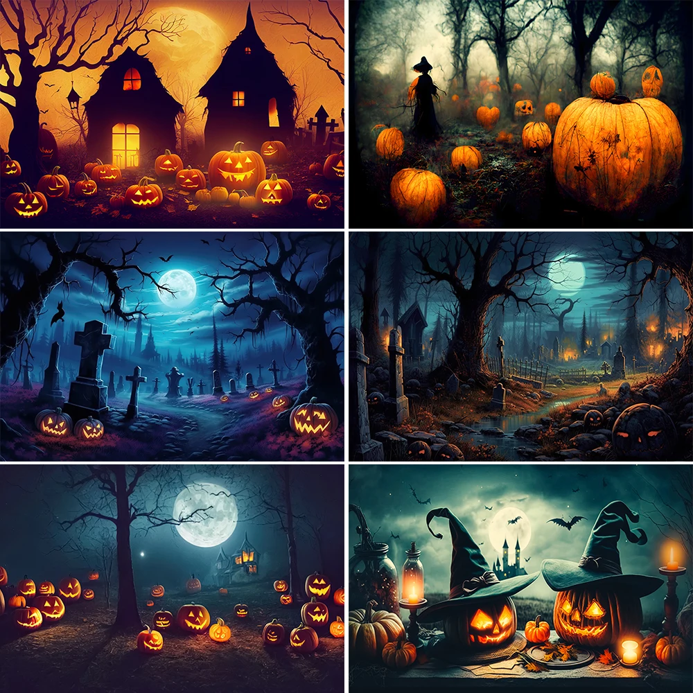 

Хэллоуин фон ужас луна ночь страшное кладбище Тыква фонарь для детей взрослых семейная фотография Декор Фон