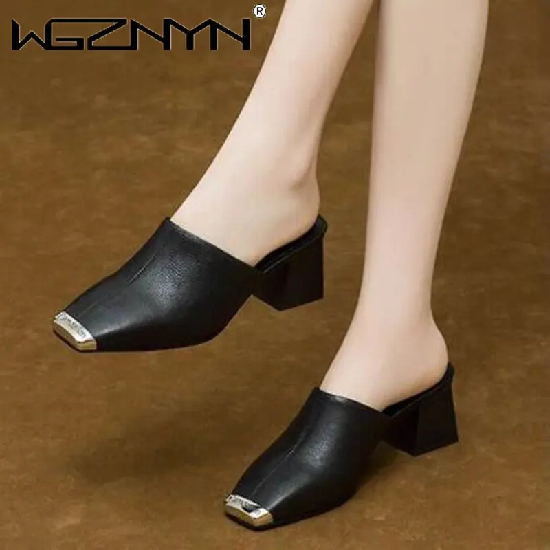 

Женские кроссовки без шнуровки, шлепанцы из натуральной кожи, полумассивные босоножки в стиле панк, с металлическим носком, открытый носок, Клубная обувь для подиума