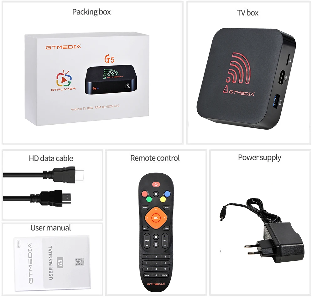 GTMEDIA G5 TV BOX 4K For Android 9.0 4+64G Built-in 2.4G/5G Dual Wifi BT 4.0 Support Xtream IPTV HD Netflix H.265 Media Player |
