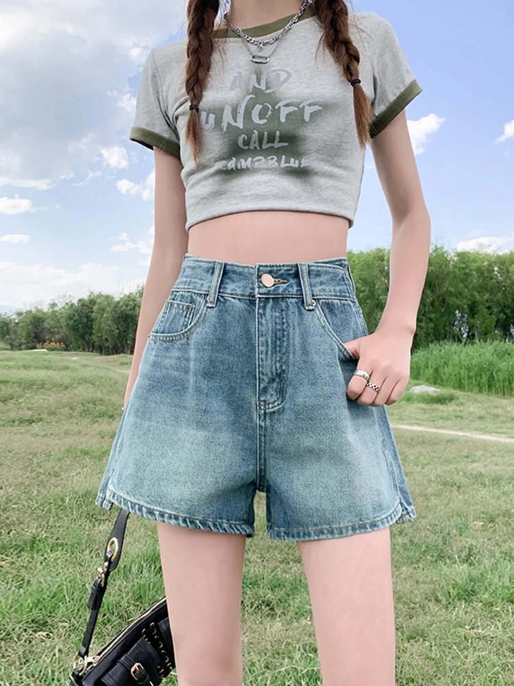 Streetwear Women Vintage Wide Leg High Waist Blue Denim Shorts Spring Summer Female Loose Retro Jeans Shorts Bottoms
