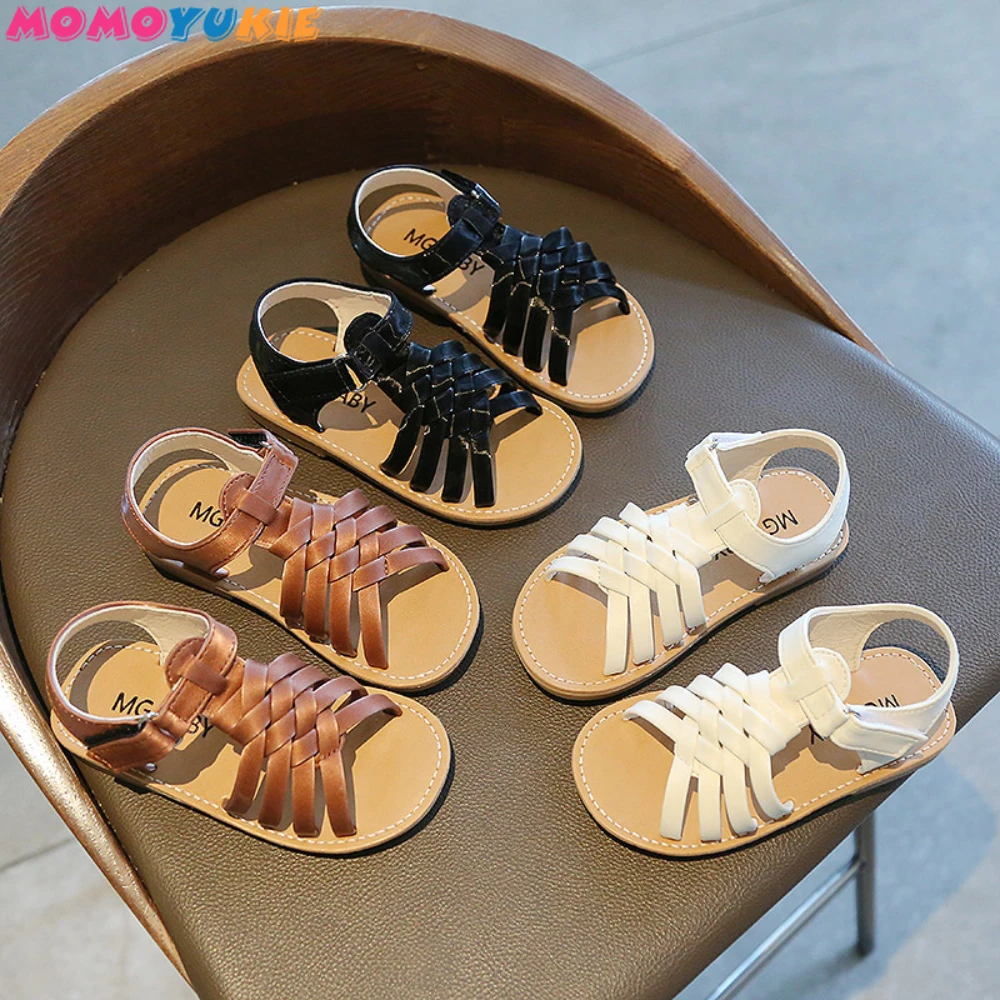 Kids Shoes  2022 New Vintange Weave Solid Girl's Sandals Closed Toe Sandals for Girl Kids Baby Flat Girls Sandals Summer