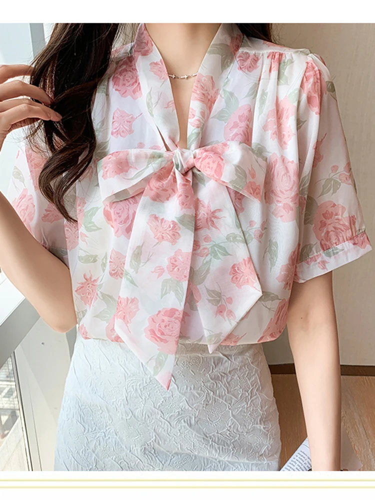 

Chiffon Print Blouses or Tops For Woman Lacing Bow Top Blouse Women 2022 Summer Women Clothes Short Sleeve Shirts Female Chemise