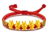1pcs 999 Pure Gold Bracelet Women Men Blessing Rabbit Red String Handmade Knitted Zodiac Rabbit Baby Gift