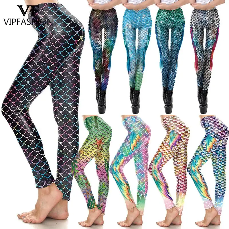 VIP FASHION High Waist Colorful Mermaid Fish Scales Skinny Spandex Push Up Trousers Running Pants Leggings for Women