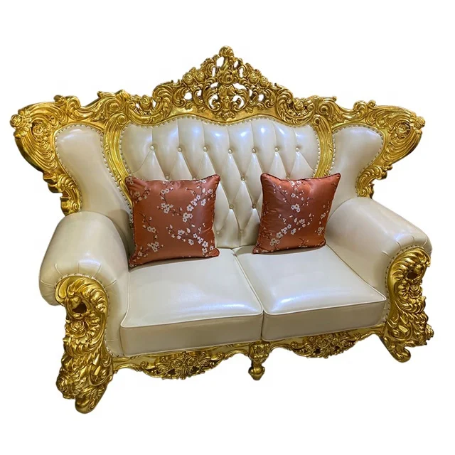 

Arab Style Sofa Top Quality Leather Hand Carved Solid Wood With Gilded in Leafs Sofa set for Living room in Stock