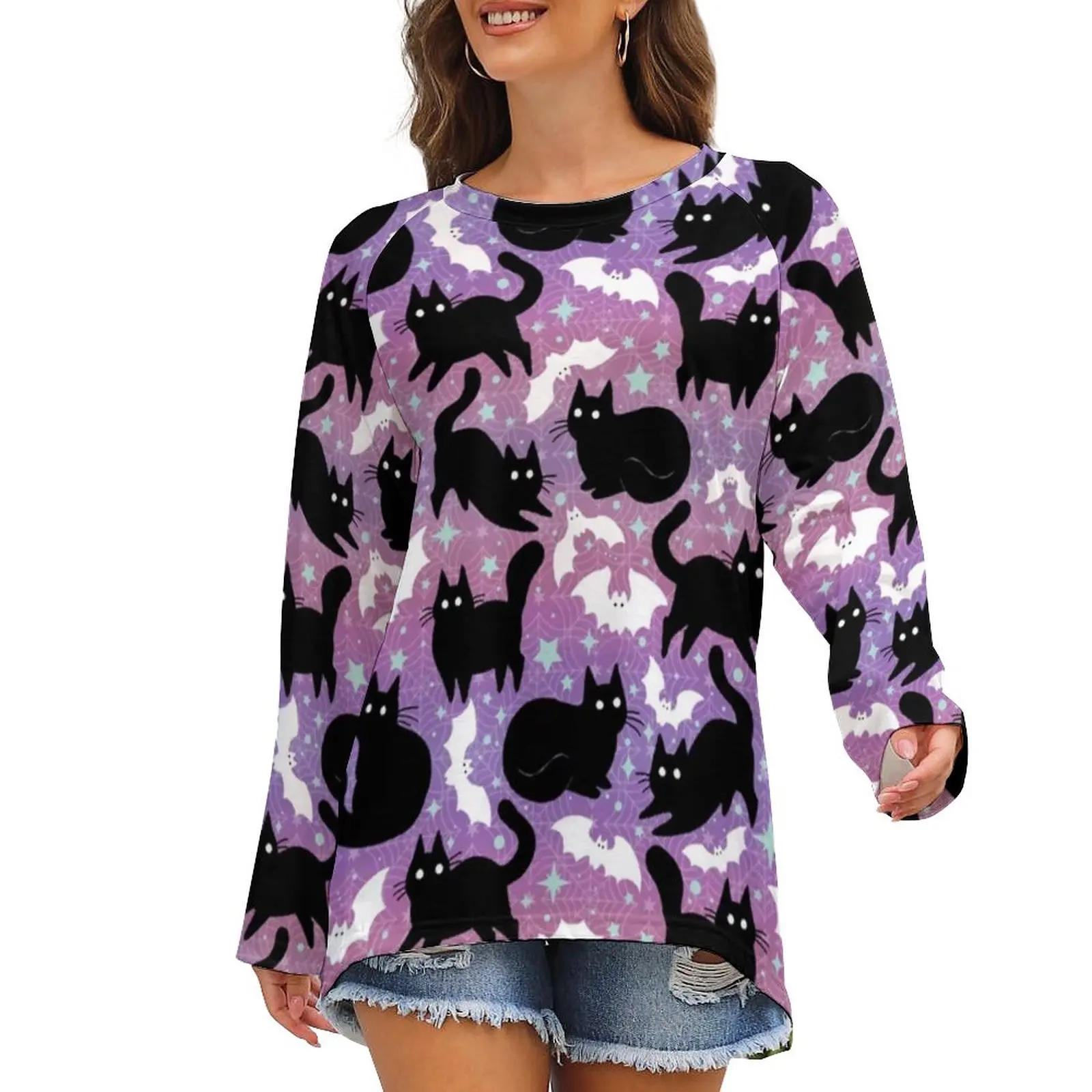 

Забавные черные футболки с изображением кота, Пастельная футболка в стиле Хэллоуина, уличный стиль, женская футболка большого размера с рис...