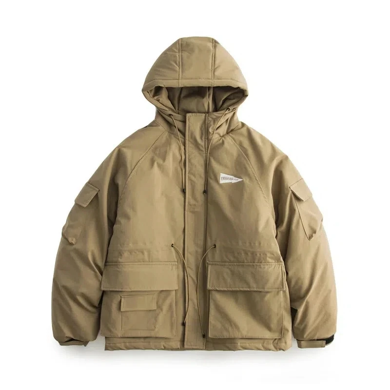 Men's Japanese thick hooded parka casual loose winter warm cotton jacket men's coat imitation silk cotton tooling jacket