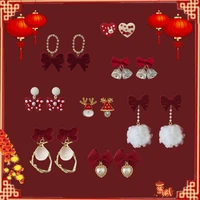 s925 needle sweet jewelry red series flocking earrings pretty happy new year gifts heart bow drop earrings for women girl gifts