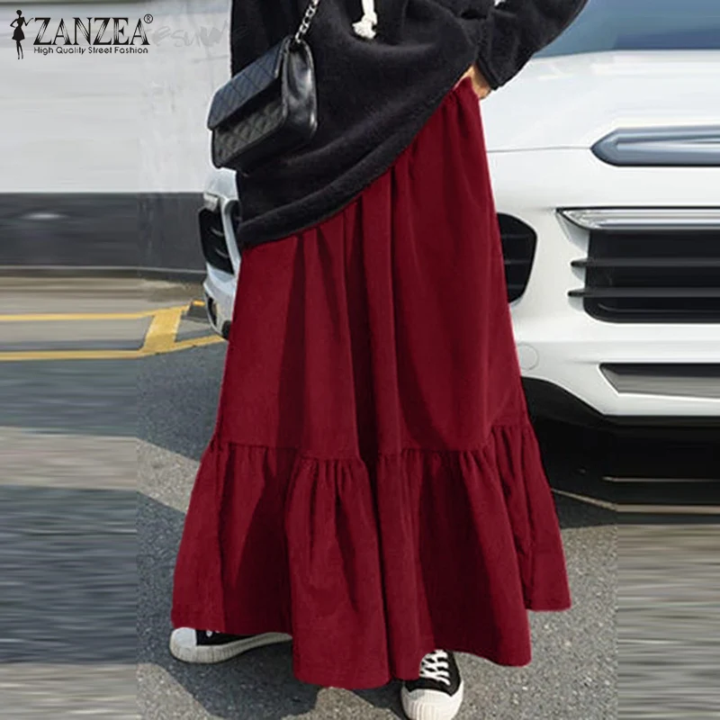 

Women High Waist Jupe Femme Spring Autumn OL Ruffle Mujer Fladas Fashion Casual A Line Skirt Oversized ZANZEA Solid Maxi Skirts
