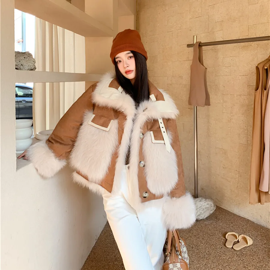 Wearing Fox Fur Top Women's Clothing Full Leather Coat on Both Sides Young Jackets Winter Overcoming Suede with Fox Fur Collar