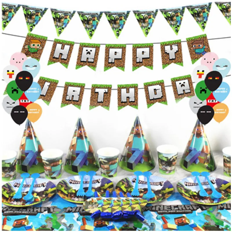 

Cartoon Minnecrafted Birthday Party Decoration Balloons Set Baby Shower Mining Party Supplies Flag Disposable Tableware Decor