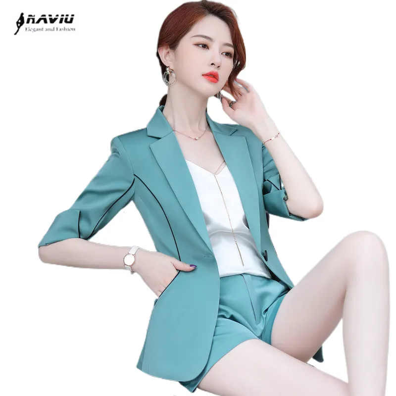 

Женские Зеленые костюмы, новинка, летняя модная темпераментная одежда с коротким рукавом, ацетатный Тонкий Профессиональный Блейзер и брюк...