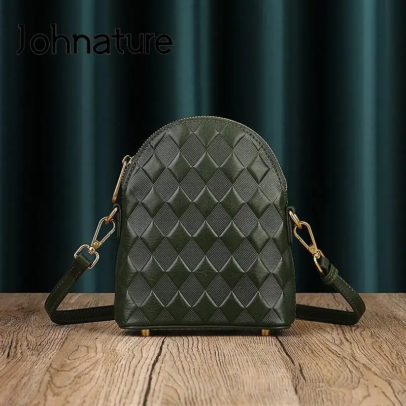 

Johnature Genuine Leather Women Small Bag 2023 Summer New Vintage Plaid Mobile Phone Bag Versatile Shoulder & Crossbody Bags