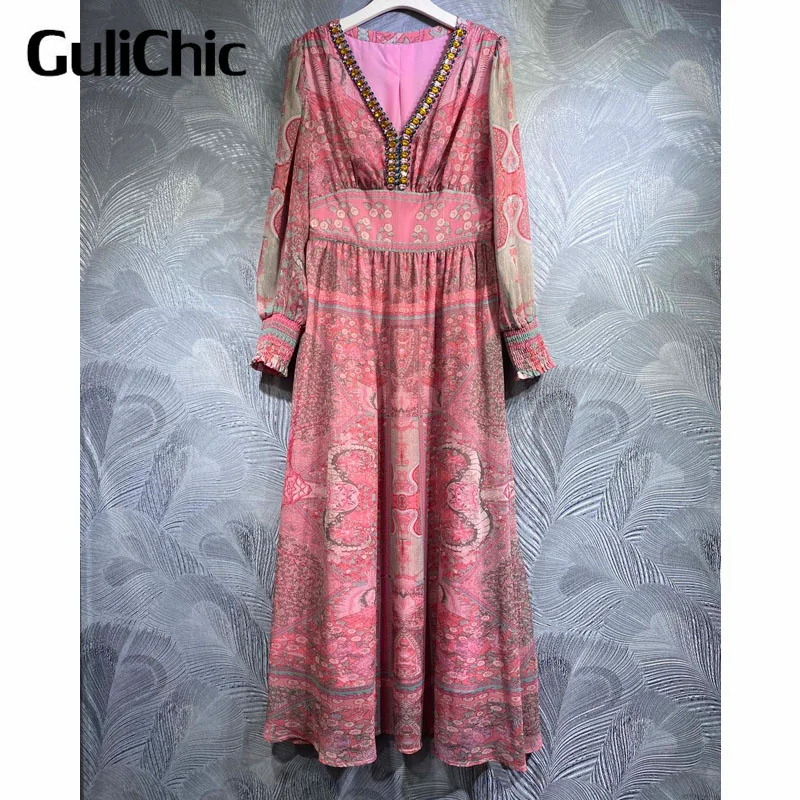 

4.11 GuliChic Luxury Crystal Diamonds Decorate V-Neck Vintage Print Collect Waist Long Sleeve Elegant Temperament Dress Women