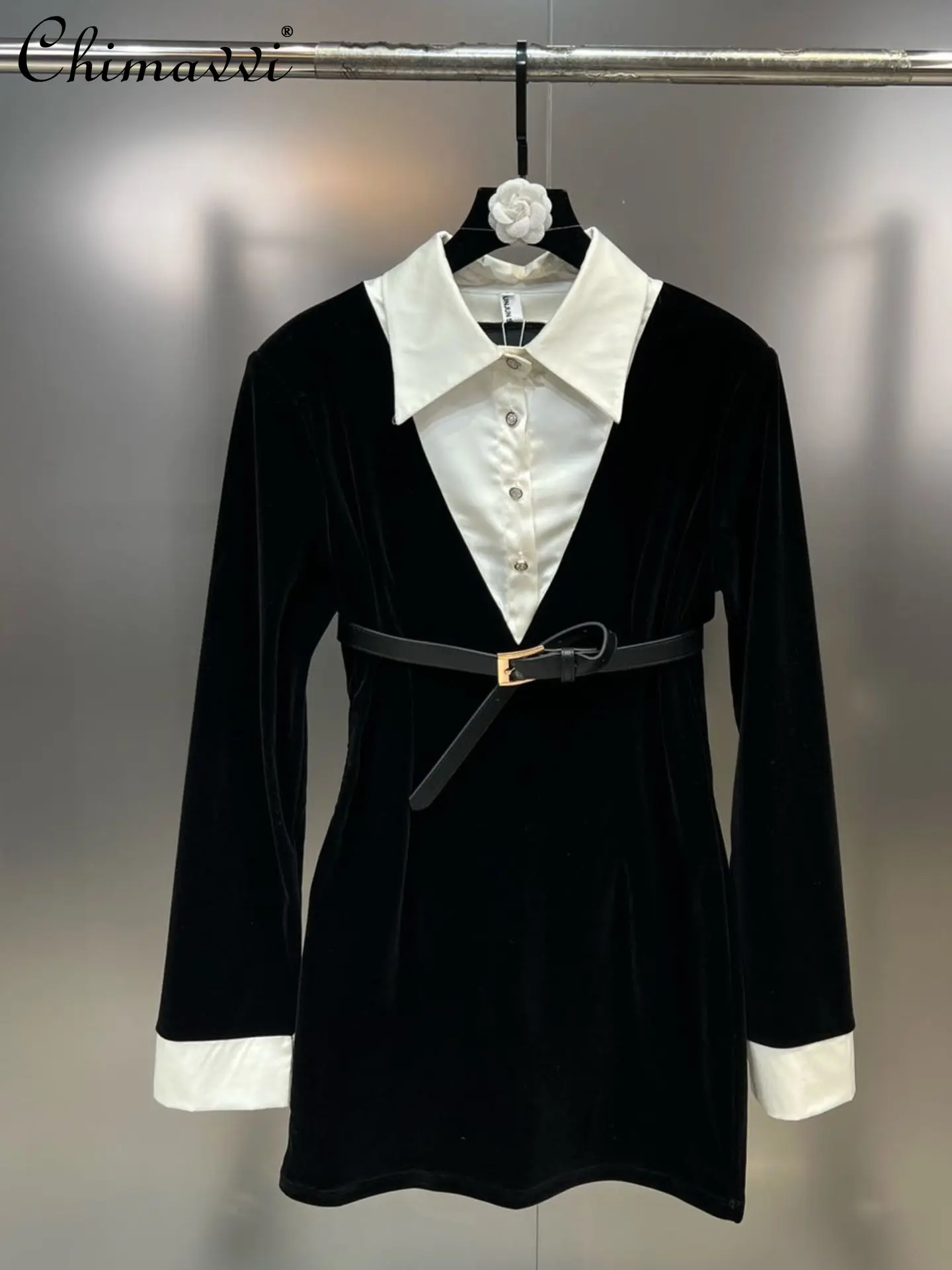 

Новое весеннее модное платье-поло с длинным рукавом, черно-белое платье с поясом, бархатное платье с облегающей талией, имитация двух частей