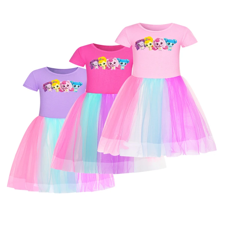 

ids Lridescent Mesh Stitching Dresses for Girl Birthday Outfits Cartoon Hearts Ping Princess Summer Costume Wedding Party Dress