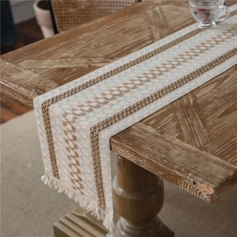 

Vintage Jute Table Runner Natural Cotton Linen Tablecloth Splicing Beige Party Decoration Bohemian Tables Runner With Tassels