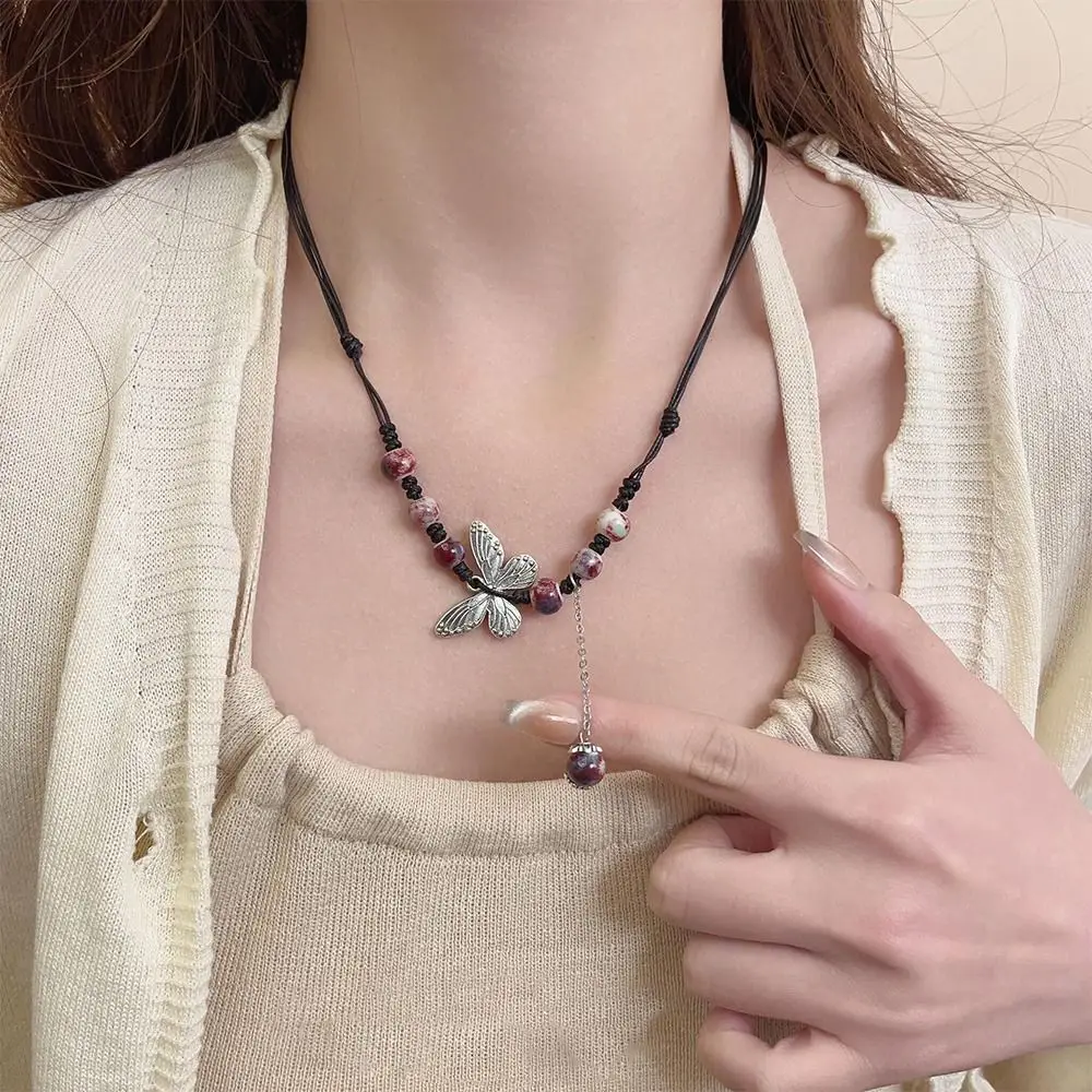 

Vintage Black Rope Handmade Natural Stone Beads Butterfly Pendant Necklace For Lovers Women Sweater Chain Aesthetic Jewelry