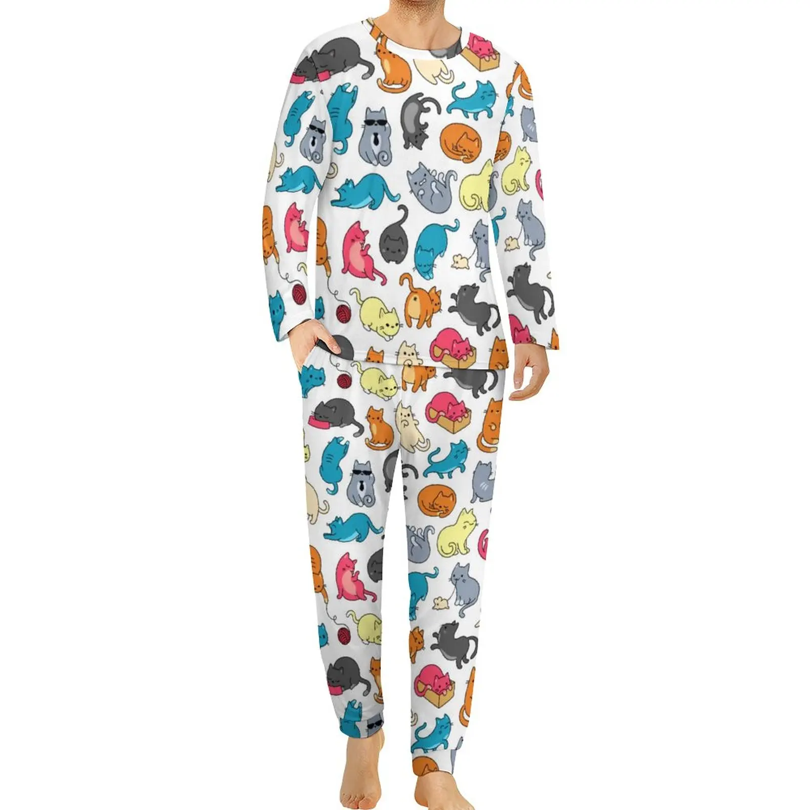 

Cartoon Meme Pajamas Spring Cute Doodle Cats Night Sleepwear Men 2 Piece Graphic Long Sleeve Fashion Oversized Pajama Sets
