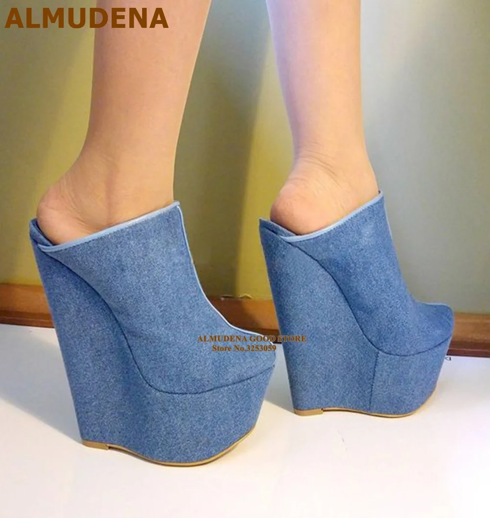 ALMUDENA Blue Denim Wedged Heel Slip-on Slippers High Platform Women Sandals Sexy Nightlclub Dress Shoes Size46 Pumps