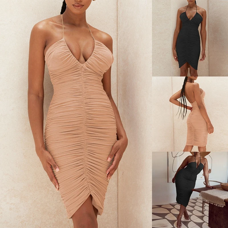 

Sleeveless Summer Party Women's Dress V-Neck Halter Sexy Backless Pleated Dress