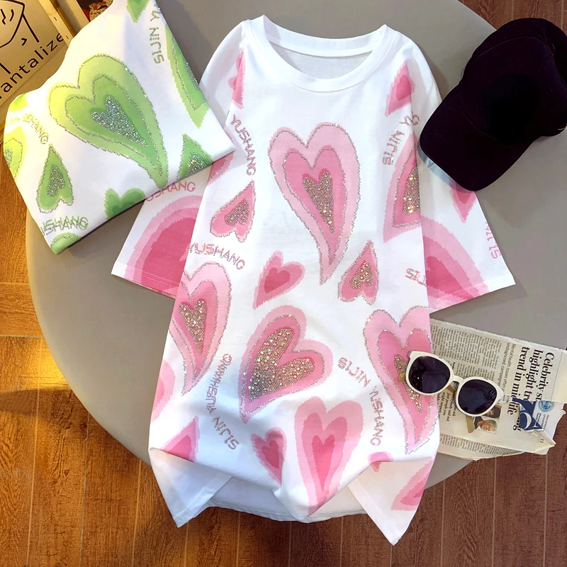 L-4XL Green Pink Large and Wide Woman T-shirts Summer Print Rhinestone Love Heart Sweet Plus Size Tops Women 2022 Free Shipping