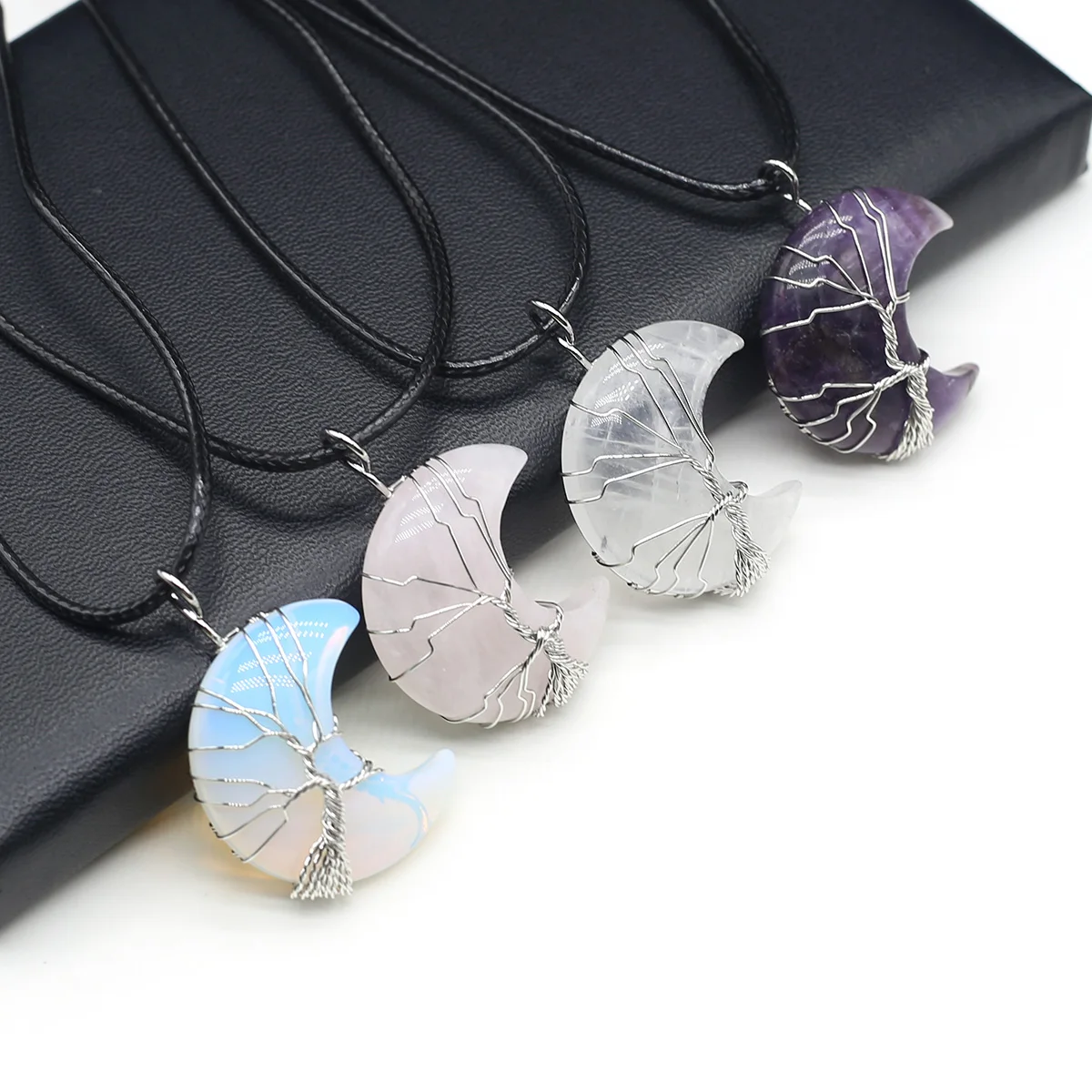 

Natural Stone Silver Color Winding Line Moon Pendant Necklace Leather Rope Chain Jewelry for Women Men Party Wedding Gift