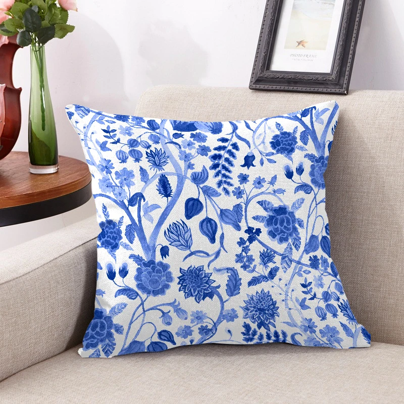 

Vintage Blue Flower Cotton Linen Pillow Case Chinese Style Pillow Cover Bird Girl Pattern Cushion Cover for Home Decor 45*45 CM