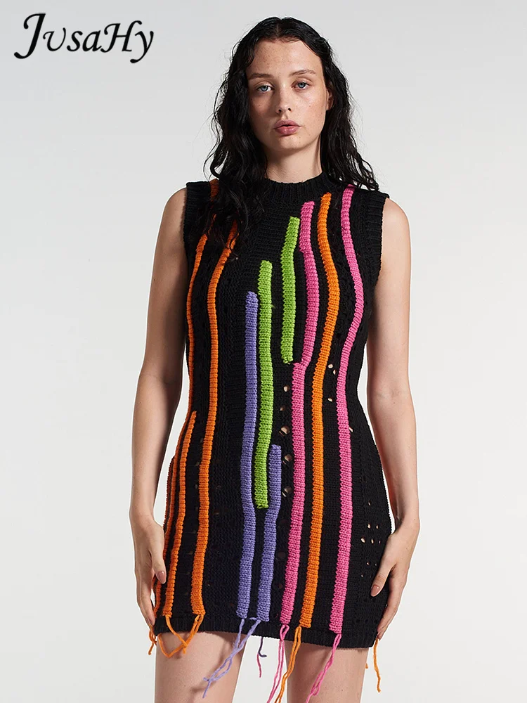 

JusaHy Women Winter 2022 New Y2K Street Casual Colorful Striped Printed Yarn Knitting Office Lady Simple Classic Chic Tank Dress