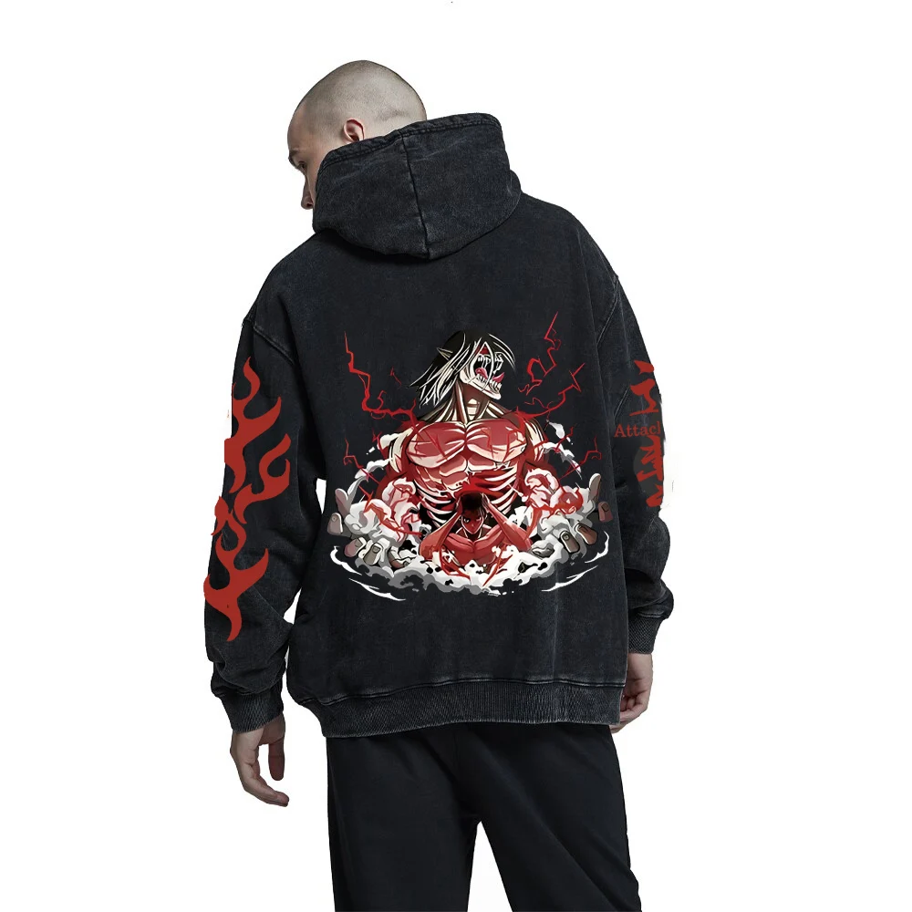 

Anime Attack on Titan Hoodie 100% Cotton Men Vintage Black Wash Hoodies Women Hip Hop Sweatshirts Y2K Clothes