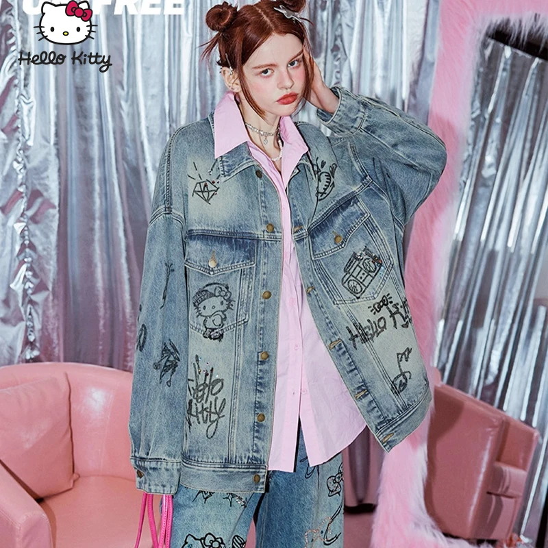 

Hello Kitty Y2K Denim Jacket Sanrio Costume Clothes Anime American Style Vintage Cotton Coat Oversize Autumn Hip Hop Loose Top