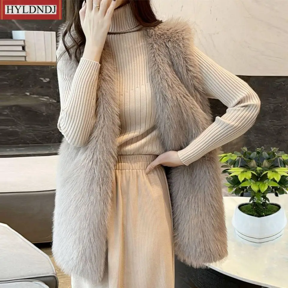 Fashionable Artificial Fur Leather Jacket Fluffy Solid Color Elegant Plush Fur Vest Coat Coat Autumn Winter Warm Fur Vest Coat