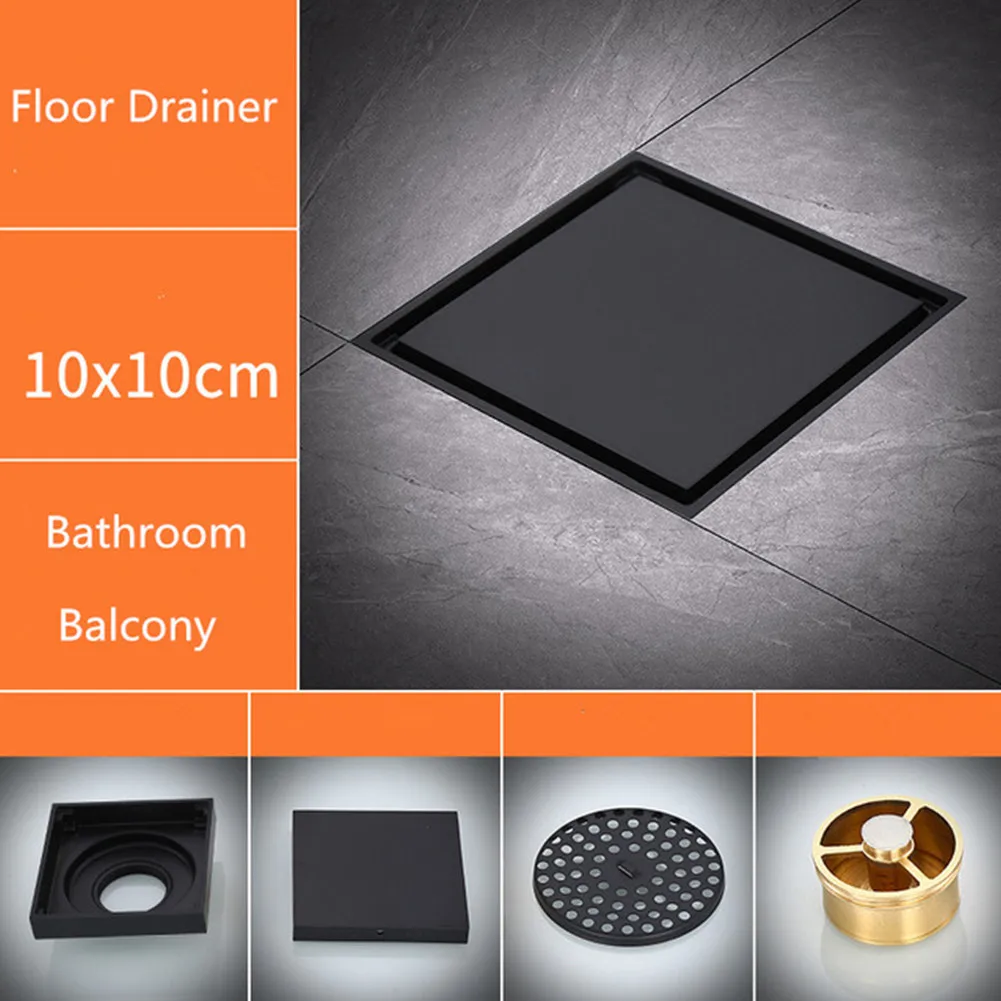 

4Inch Black Brass Floor Drain Bathroom Square Shower Drain Square Anti-odor Floor Drainer Trap Waste Grate Hair Catcher