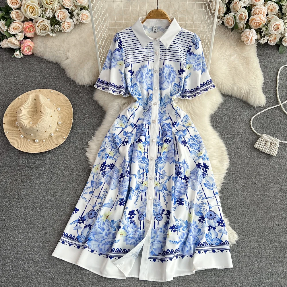 

Runway Flower Dress Summer Dress Shirt Women Buttons Floral Print Sicilian Short Sleeve Bohemian Beach Dresses Female A6832