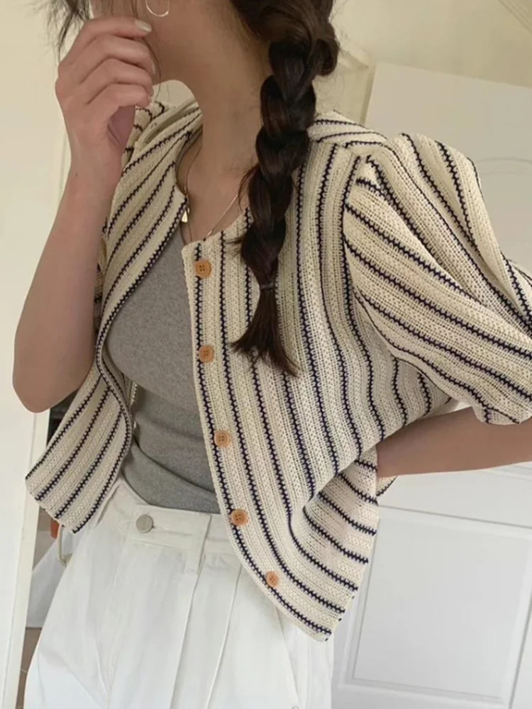 

Женская свободная куртка в контрастную полоску, повседневная однобортная короткая куртка с коротким рукавом и круглым вырезом, Y402, лето 2023