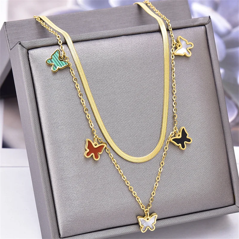 

Stainless Steel Butterfly Necklace For Women Gold Color Double-layer Chain Star Moon Shell Choker Jewelry Valentines Day Gift