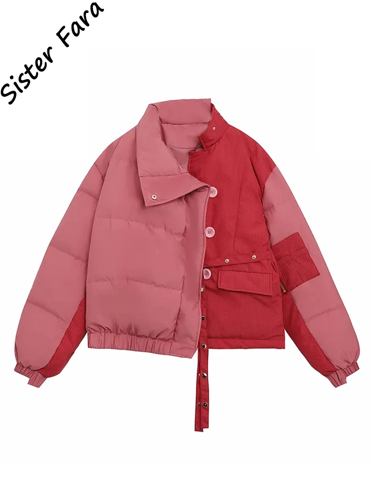 

New All-match Patchwork Winter Parka Women Casual Single Breasted Cotton Padded Jacket Loose Streetwear Harajuku BF Outwear