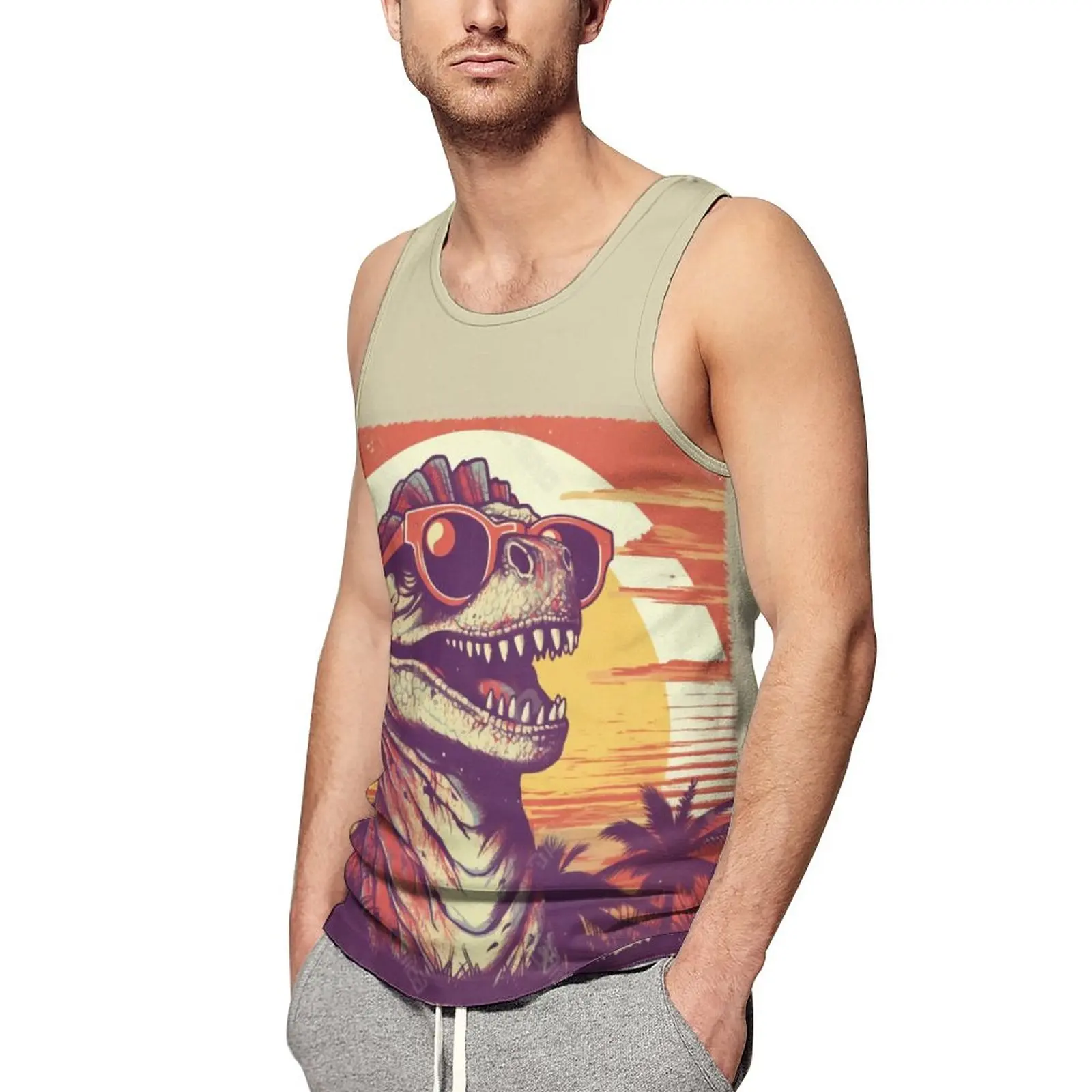 

Майка мужская с солнцезащитными очками, топ в стиле ретро, с динозавром, закат животных, безрукавка в стиле оверсайз, для спортзала, летняя