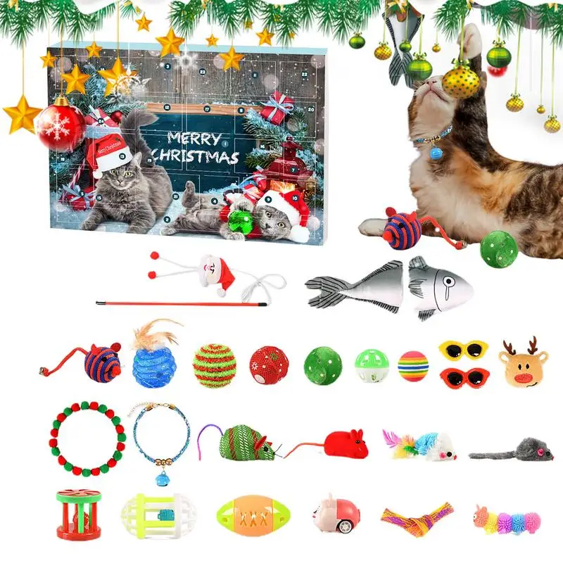 

2023 Christmas Cat Toys Advent Calendar 24Pcs Interactive Kitten Toys Cat Collars Assortments Cat Feather Teaser Wan Pet Toys