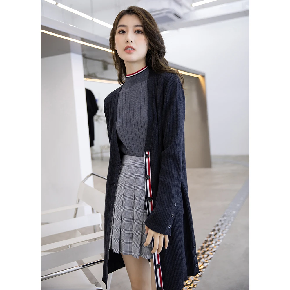 Женский однобортный длинный вязаный кардиган из 100% шерсти с V-образным вырезом и