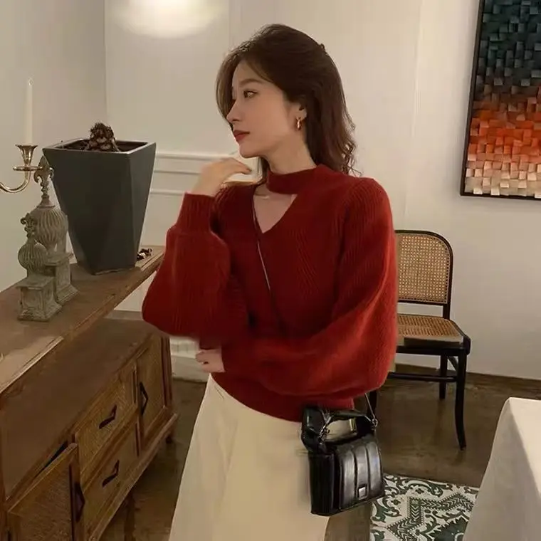 

2022 Fashion Winter Knitted Sweater Pullover Women Clothes V-neck Long Sleeve Crop Slim Solid Casual Hollow Out Sweater N58
