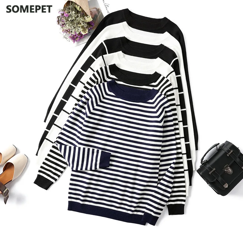 

2021 Autumn Winter Long Sleeve Striped Pullover Women Sweater Knitted Sweaters O-Neck Tops Korean Pull Femme Jumper Female White