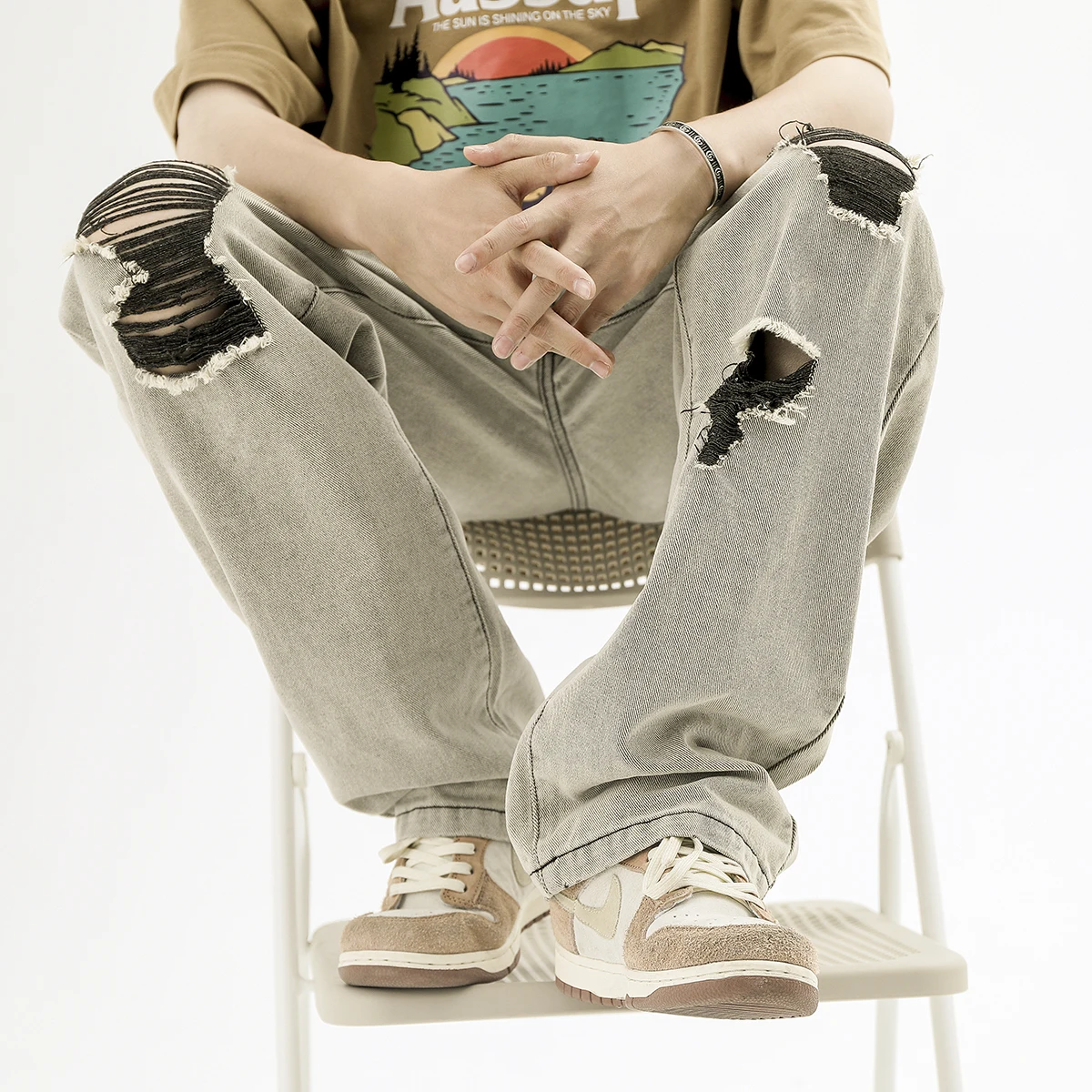 

Summer Men's Fashion Brand Retro Ripped Jeans High Street Hip-hop Straight Old Old Wide-leg Pants Casual Loose Pants