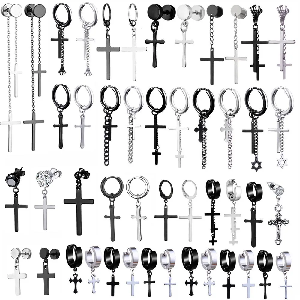 

Punk Black Cross Stainless Steel Hoop Earrings For Women Men Fashion Vintage Chain Pendants Hip Hop Jewelry Earrings Wholesale