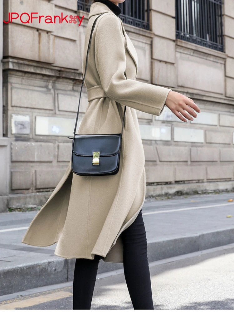 

Осенне-зимнее Новое Стильное пальто, корейское шерстяное утепленное пальто, женское Свободное длинное тонкое шерстяное пальто выше колена на шнуровке