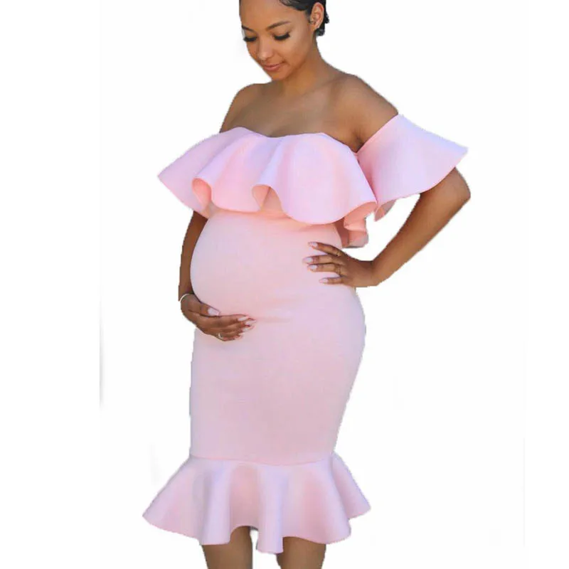 Maternity Dresses Photo Shoot Women's Stretch Maternity Ruffle Neck Trailing Long Dress Photography Props Pregnant Clothes S-XL enlarge